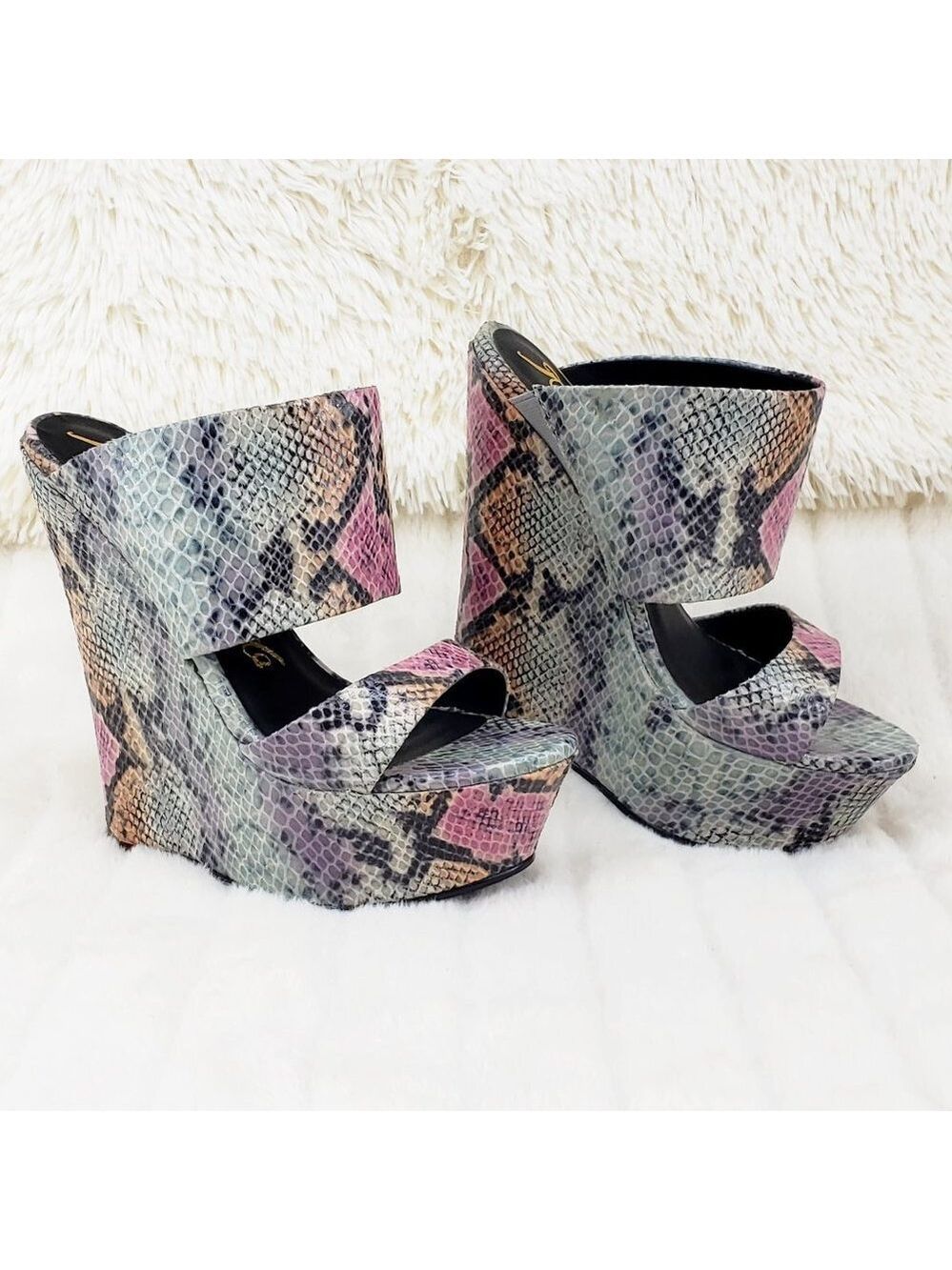 Wide Strap Slip On Multicolor Snake Print 6" Wedge Heel Shoe Platform Sandals - Picture 2 of 13